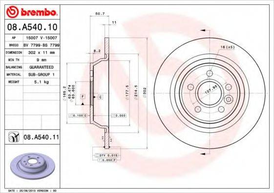 Тормозной диск 08.A540.10 BREMBO