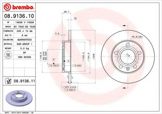 Тормозной диск 08.9136.10 BREMBO