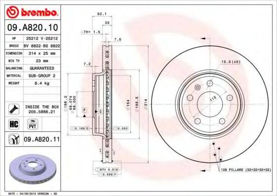 Тормозной диск передний 09.A820.11 BREMBO