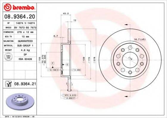 Тормозной диск 08.9364.20 BREMBO