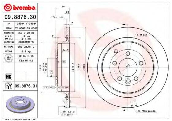 Тормозной диск 09.8876.30 BREMBO