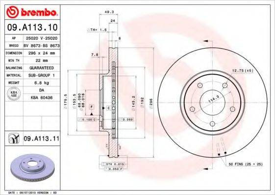 Тормозной диск 09.A113.10 BREMBO