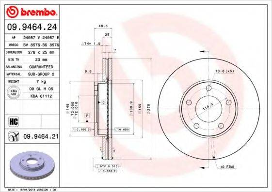 Тормозной диск 09.9464.21 BREMBO