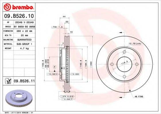 Тормозной диск передний 09.B526.10 BREMBO