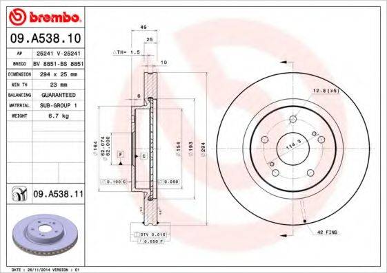 Тормозной диск 09.A538.10 BREMBO