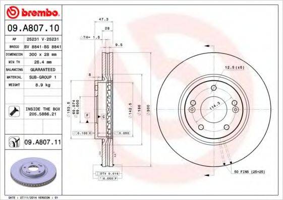 Тормозной диск 09.A807.10 BREMBO