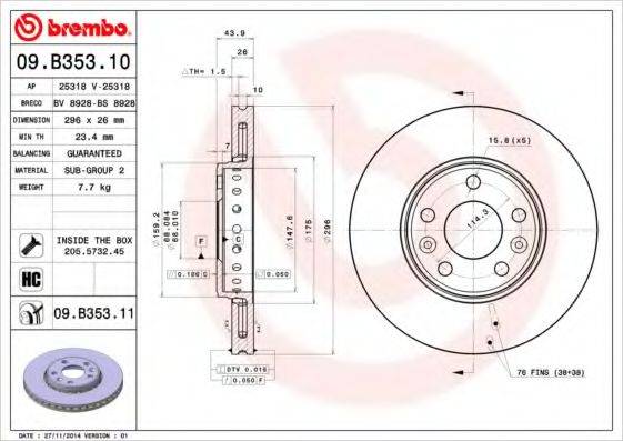 Тормозной диск 09.B353.10 BREMBO