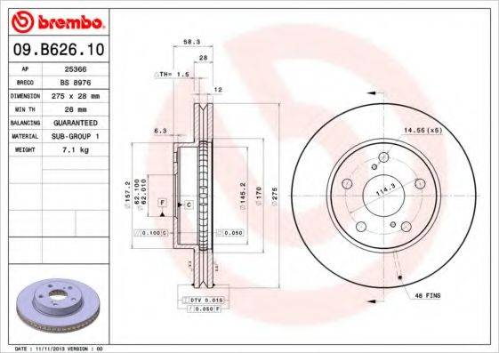 09.B626.10 BREMBO Тормозной диск 09.B626.10 BREMBO