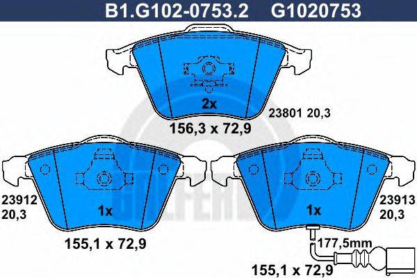 Комплект тормозных колодок, дисковый тормоз B1.G102-0753.2 GALFER