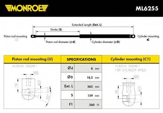 Газовая пружина, капот ML6255 MONROE