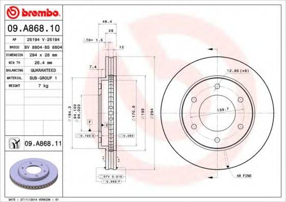 Тормозной диск передний 09.A868.10 BREMBO