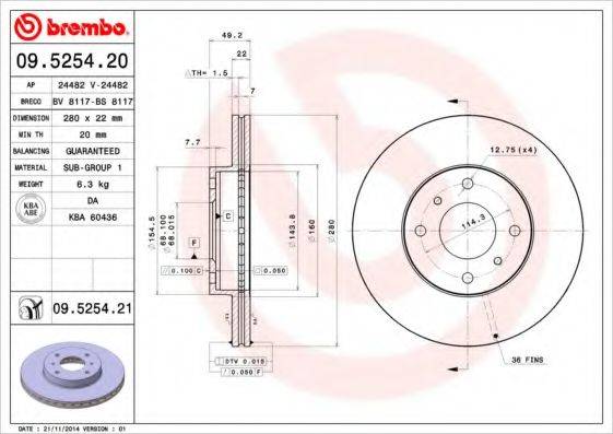 Тормозной диск 09.5254.20 BREMBO