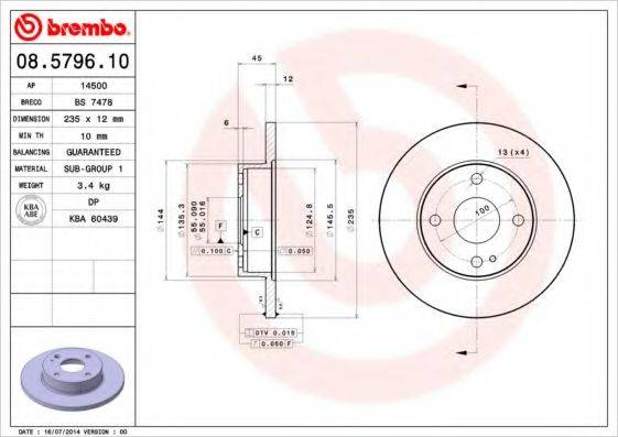 Тормозной диск 08.5796.10 BREMBO