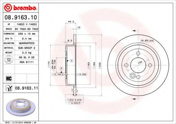 Тормозной диск 08.9163.10 BREMBO