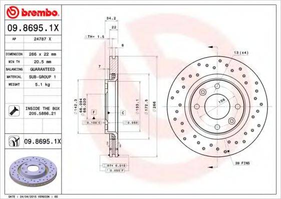 Тормозной диск 09.8695.1X BREMBO