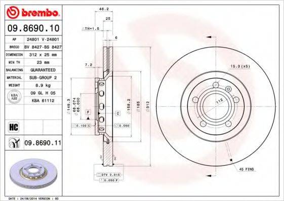 Тормозной диск 09.8690.11 BREMBO