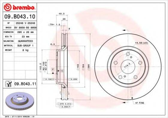 Тормозной диск 09.B043.11 BREMBO