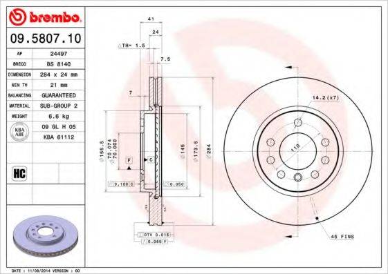 Тормозной диск 09.5807.10 BREMBO