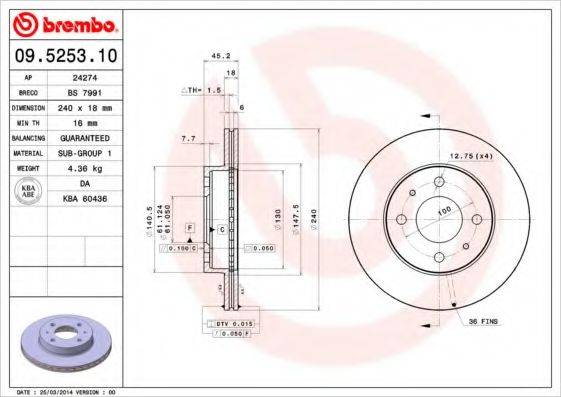 Тормозной диск 09.5253.10 BREMBO