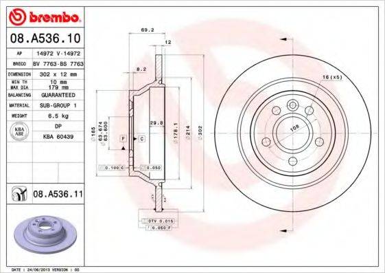 Тормозной диск 08.A536.10 BREMBO