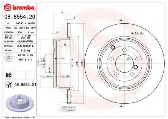 Тормозной диск 08.8554.20 BREMBO