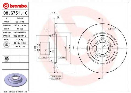 Тормозной диск 08.6751.10 BREMBO