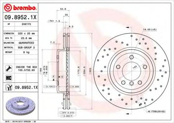 Тормозной диск 09.8952.1X BREMBO