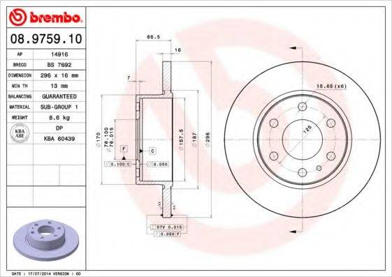 Тормозной диск 08.9759.10 BREMBO