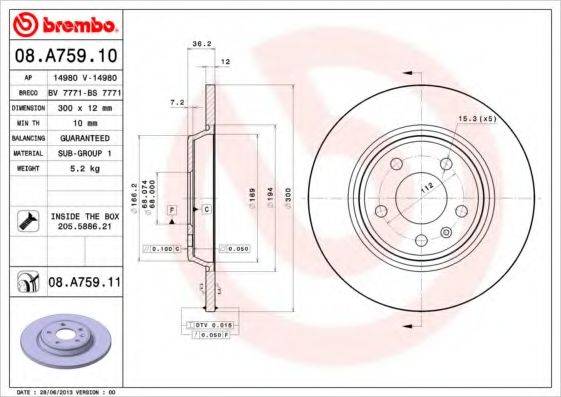 08.A759.11 BREMBO Тормозной диск 08.A759.11 BREMBO