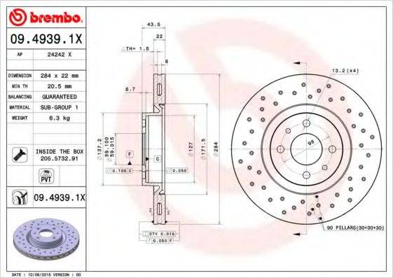 Тормозной диск 09.4939.1X BREMBO