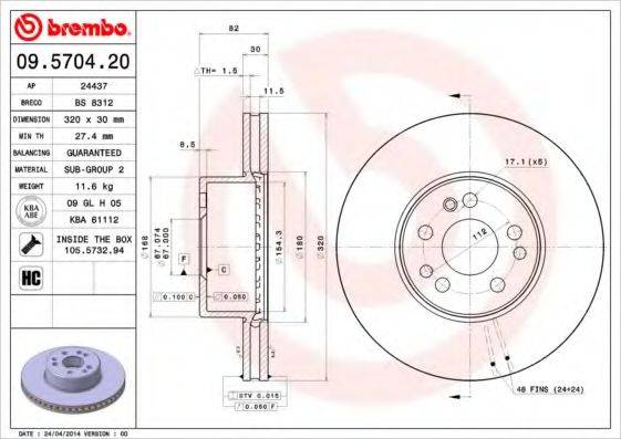 Тормозной диск 09.5704.20 BREMBO