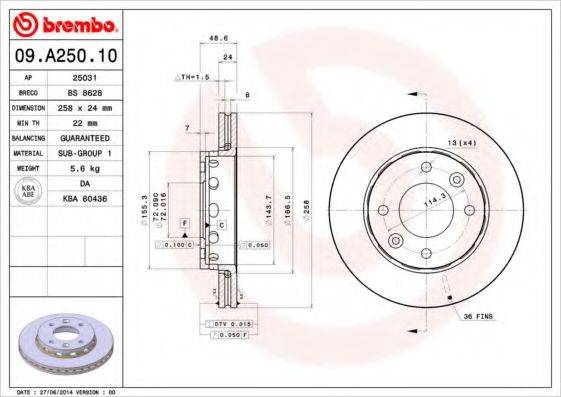 Тормозной диск 09.A250.10 BREMBO