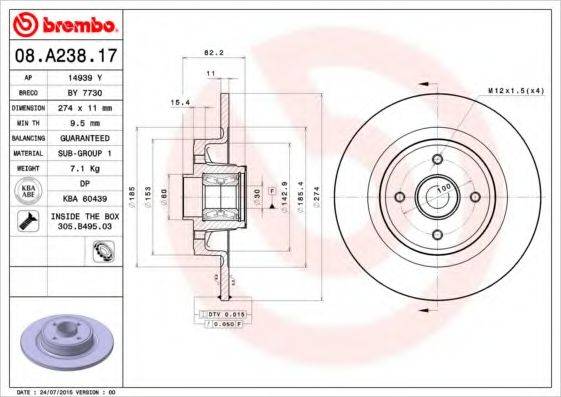 Тормозной диск 08.A238.17 BREMBO