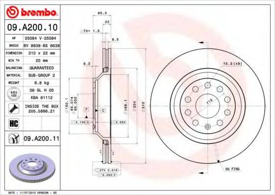 Тормозной диск 09.A200.11 BREMBO