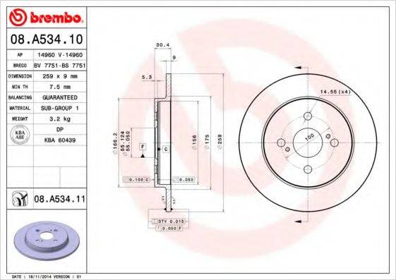 Тормозной диск 08.A534.10 BREMBO