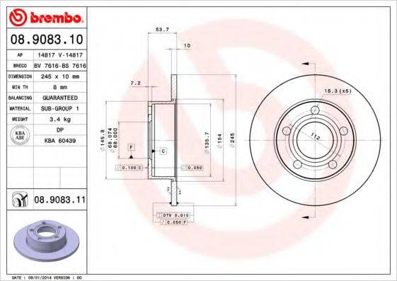 Тормозной диск 08.9083.10 BREMBO