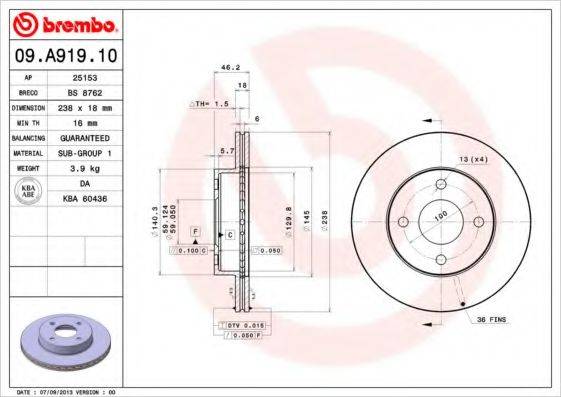 Тормозной диск 09.A919.10 BREMBO