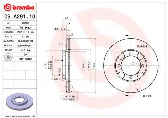 Тормозной диск 09.A291.10 BREMBO