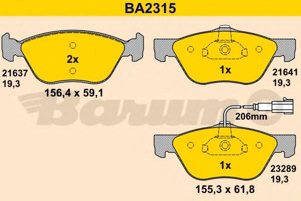 Комплект тормозных колодок, дисковый тормоз BA2315 BARUM