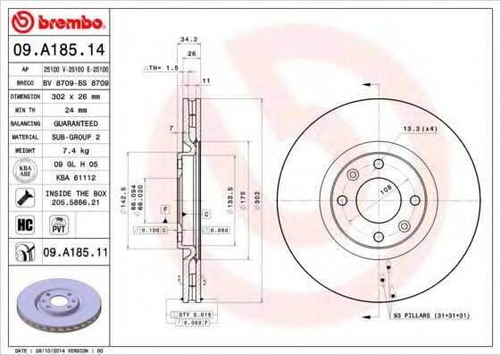 Тормозной диск 09.A185.11 BREMBO