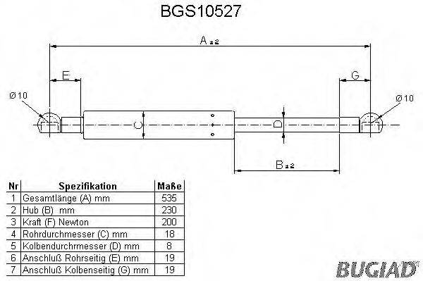 Газовая пружина, крышка багажник BGS10527 BUGIAD