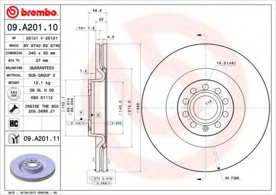 Тормозной диск 09.A201.11 BREMBO