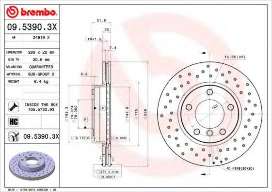 Тормозной диск 09.5390.3X BREMBO