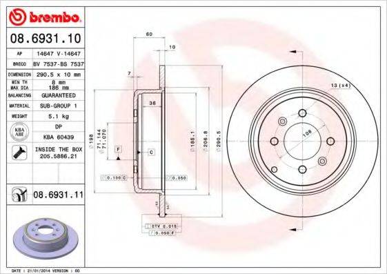 Тормозной диск 08.6931.10 BREMBO