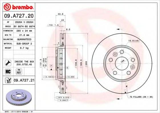 Тормозной диск 09.A727.20 BREMBO