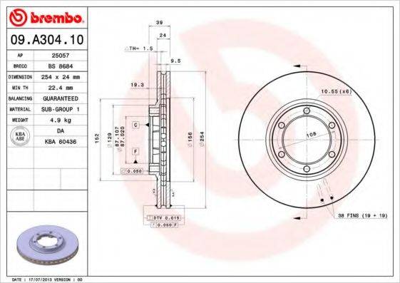 Тормозной диск 09.A304.10 BREMBO