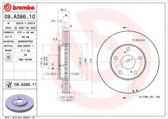 Тормозной диск 09.A386.10 BREMBO