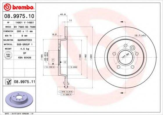 Тормозной диск 08.9975.10 BREMBO