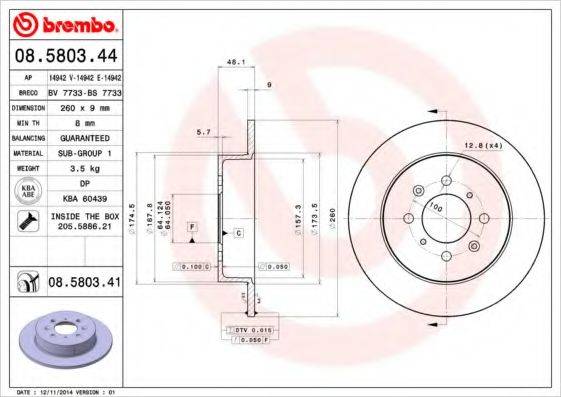 Тормозной диск 08.5803.44 BREMBO