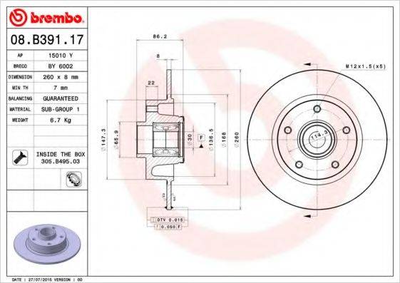 Тормозной диск 08.B391.17 BREMBO